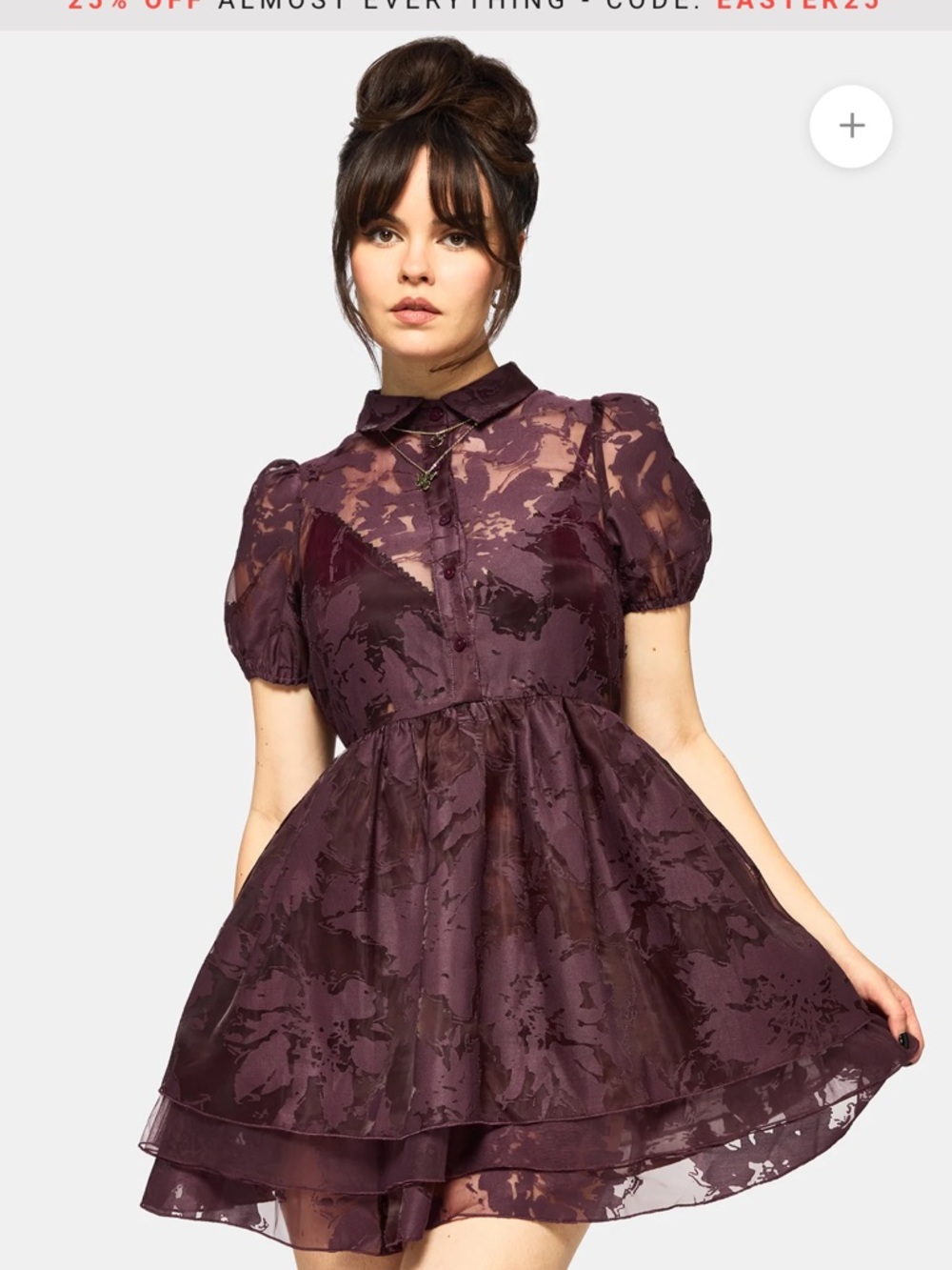 Disturbia Plum Floral Sheer Puff-Sleeve Mini Dress
